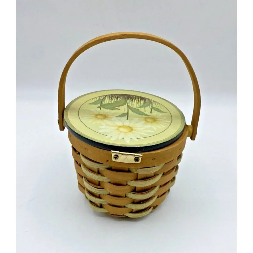 Sunflower Basket 3.75”x4.5” Handle Hinged Lid Woven Round Yellow Trinket Holder